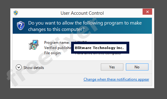Screenshot where Blitware Technology Inc. appears as the verified publisher in the UAC dialog